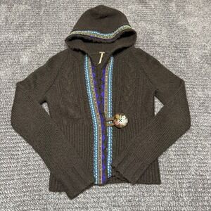 Free People Womens Hooded Cardigan XS Brown Tribal Embroidered‎ Toggle Knit